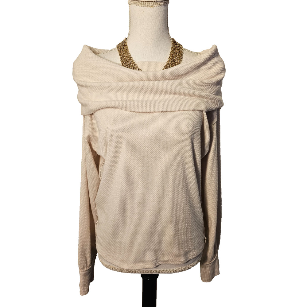 We The Free Waffle Knit Womans X Small Cowl Neck Pullover Thermal Shirt Cream
